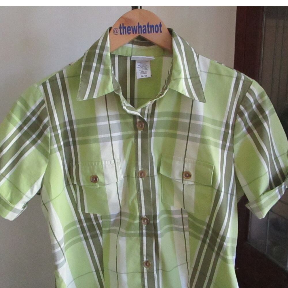 Vintage Jaclyn Smith Button Up Shirt M Green Plaid Short Sleeves Casual Prep 90s - Picture 11 of 17
